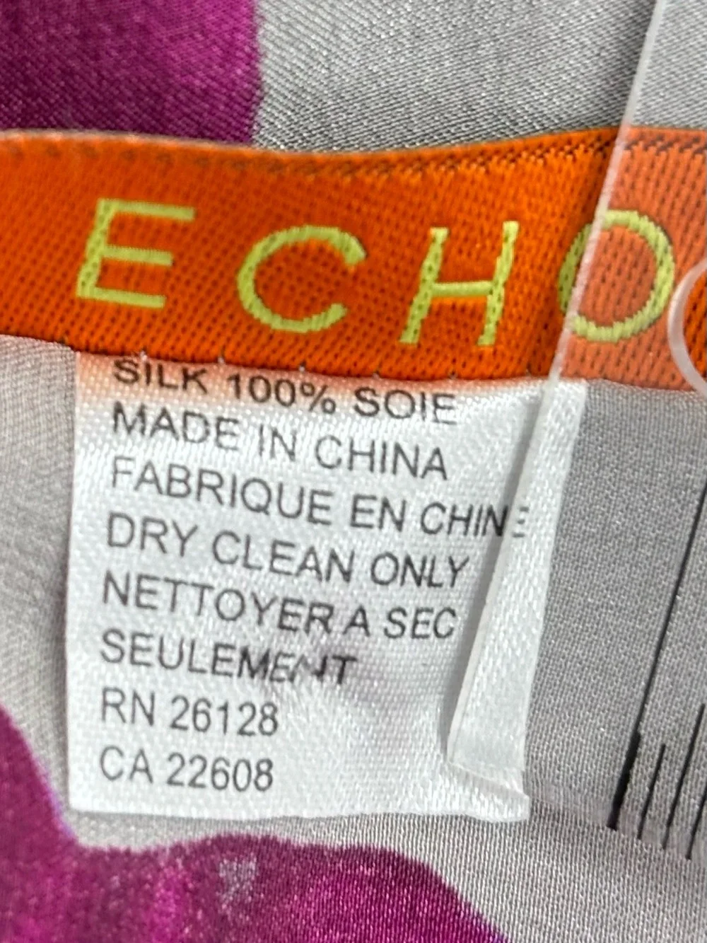 Vintage Echo Silk Scarf Silver Grey w Magenta, Teal & Purple‎ Floral Accents